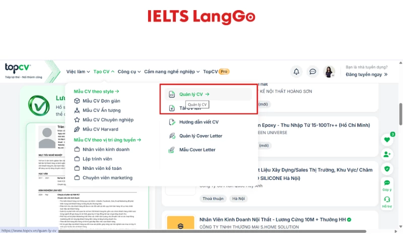 Vào quản lý CV để xem CV và tải tệp tin