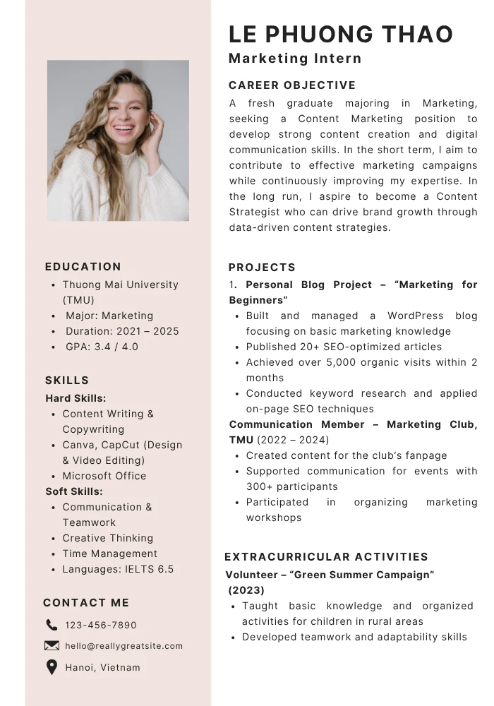 Mẫu CV Marketing tiếng Anh