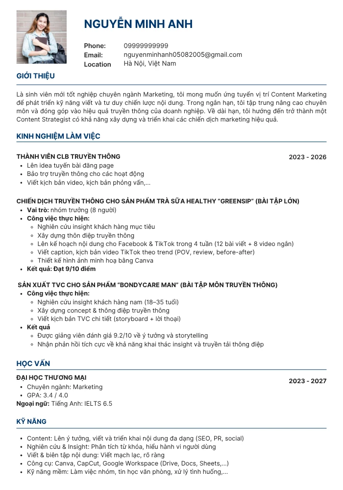 Mẫu CV thực tập sinh Marketing