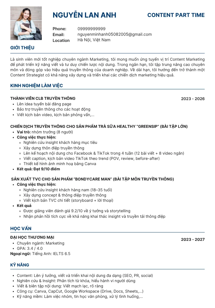 mẫu CV xin việc content part time