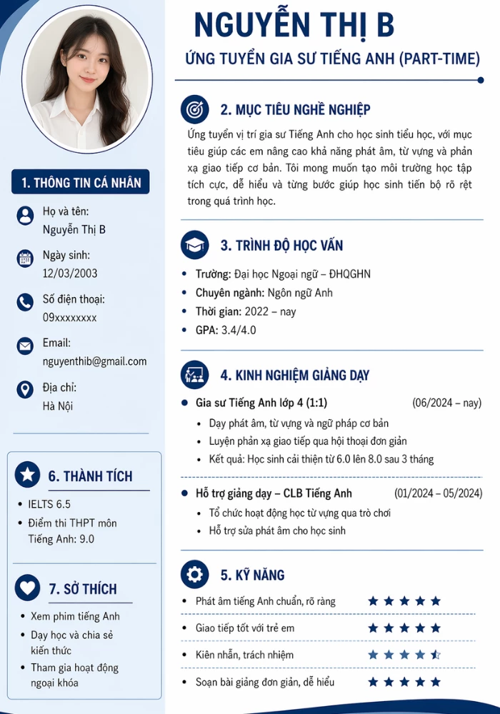 Mẫu CV xin việc gia sư part time