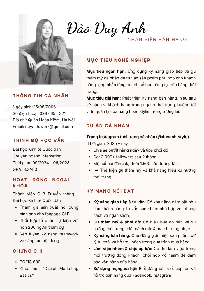 Mẫu CV xin việc nhân viên bán hàng part time