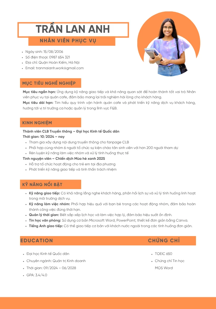 Mẫu CV xin việc nhân viên phục vụ part time