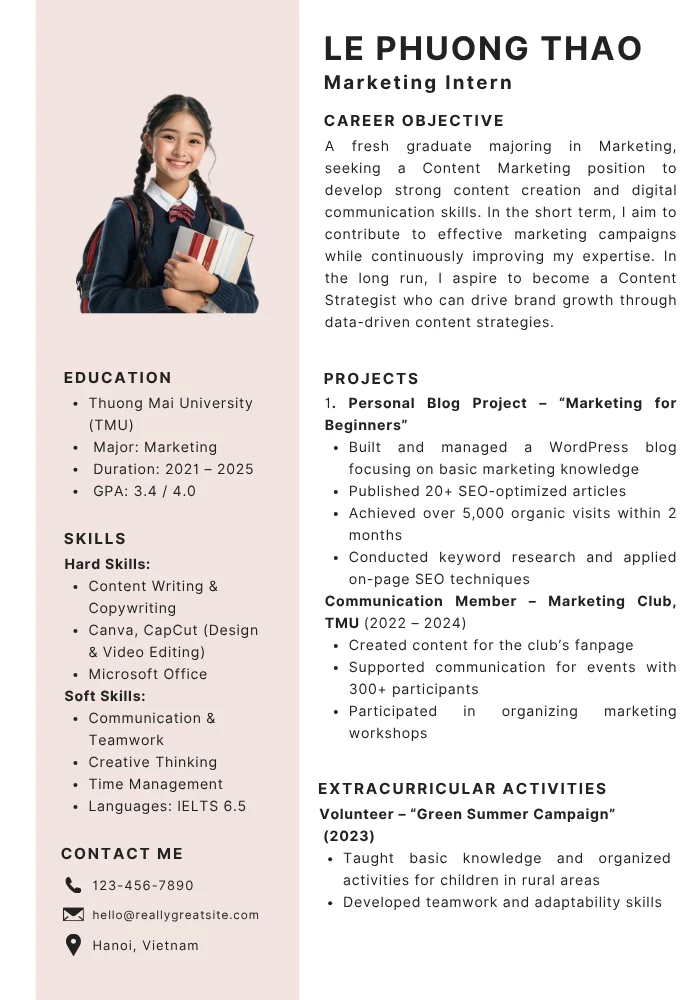 Mẫu CV thực tập sinh  marketing tiếng Anh