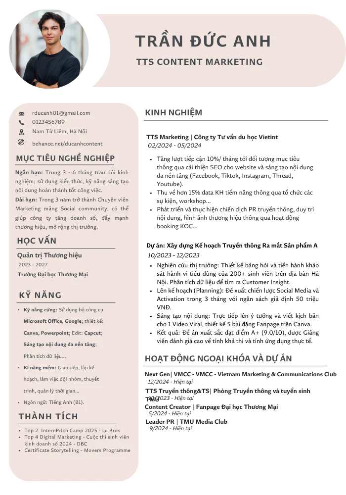 Mẫu CV thực tập sinh content marketing