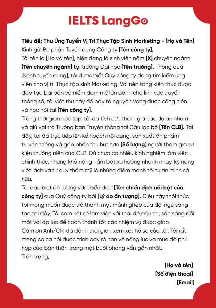 Mẫu Thư xin việc Thực tập sinh Marketing