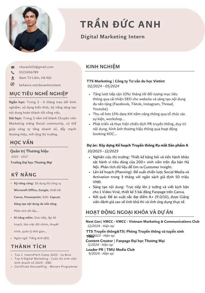 Mẫu CV Digital Marketing Intern