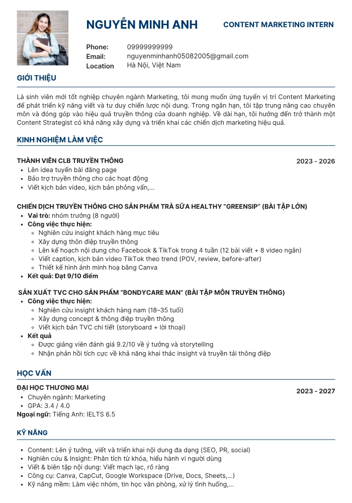 Mẫu CV Content Marketing Intern