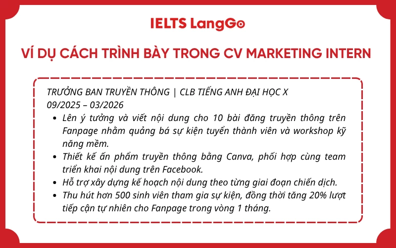 Ví dụ cách trình bày trong CV Marketing Intern