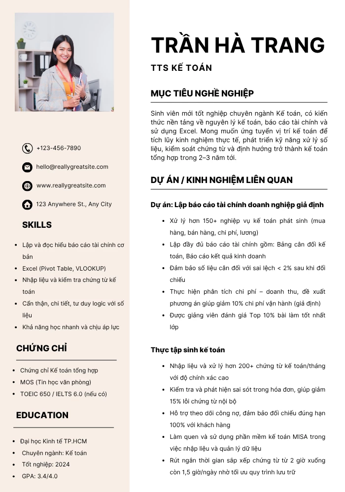 Mẫu CV thực tập sinh kế toán tiếng Việt