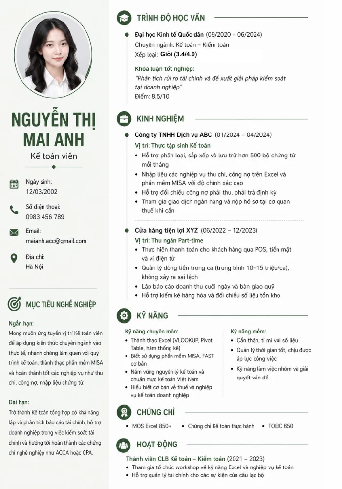 Mẫu CV kế toán mới ra trường