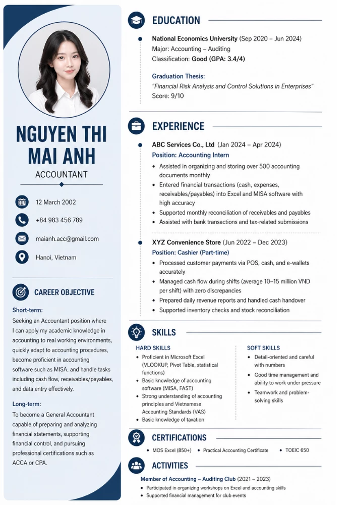 Mẫu CV thực tập sinh kế toán tiếng Anh