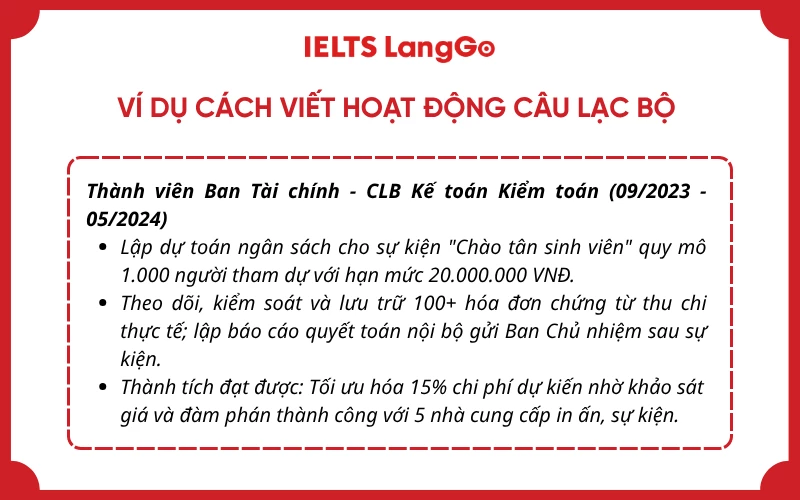 Ví dụ cách viết hoạt động câu lạc bộ