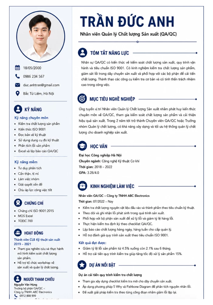 Mẫu CV nhân viên quản lý chất lượng sản xuất