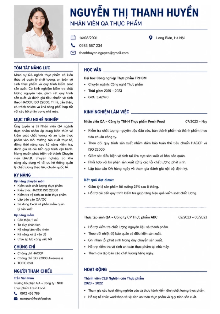 Mẫu CV QA ngành thực phẩm