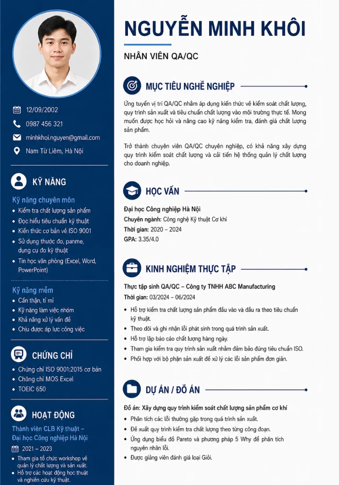 Mẫu CV QA/QC cho sinh viên mới ra trường