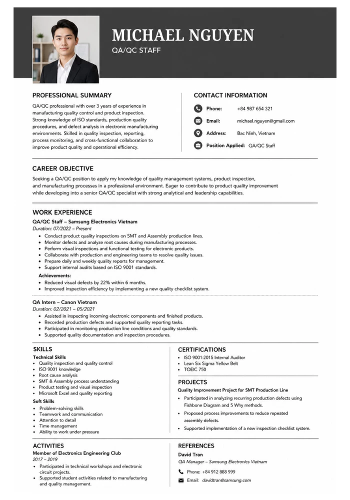 Mẫu CV quản lý chất lượng bằng tiếng Anh