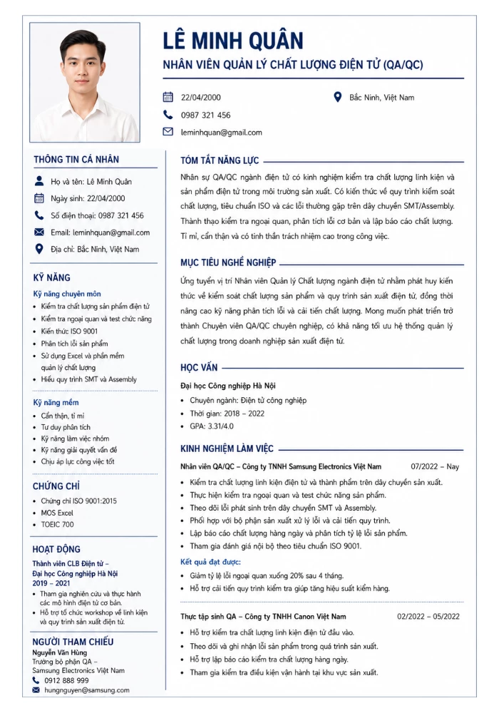 Mẫu CV quản lý chất lượng ngành điện tử