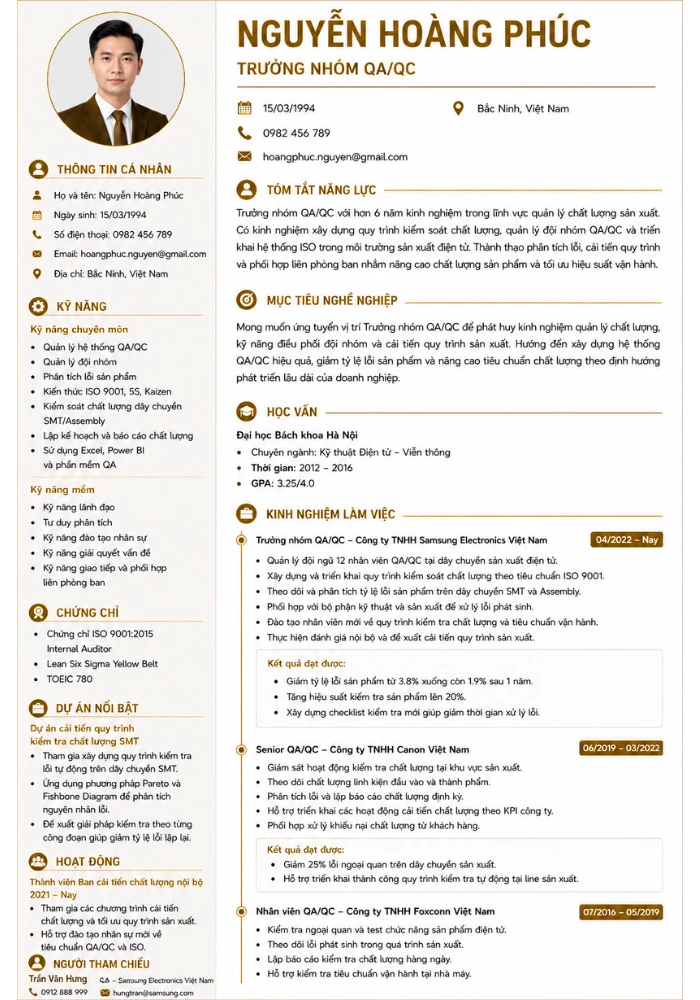 Mẫu CV trưởng nhóm QA/QC chuyên nghiệp