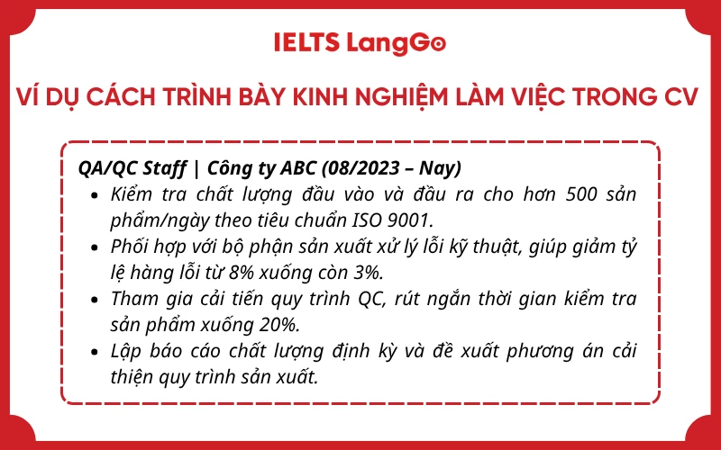 Ví dụ cách trình bày kinh nghiệm làm việc trong CV