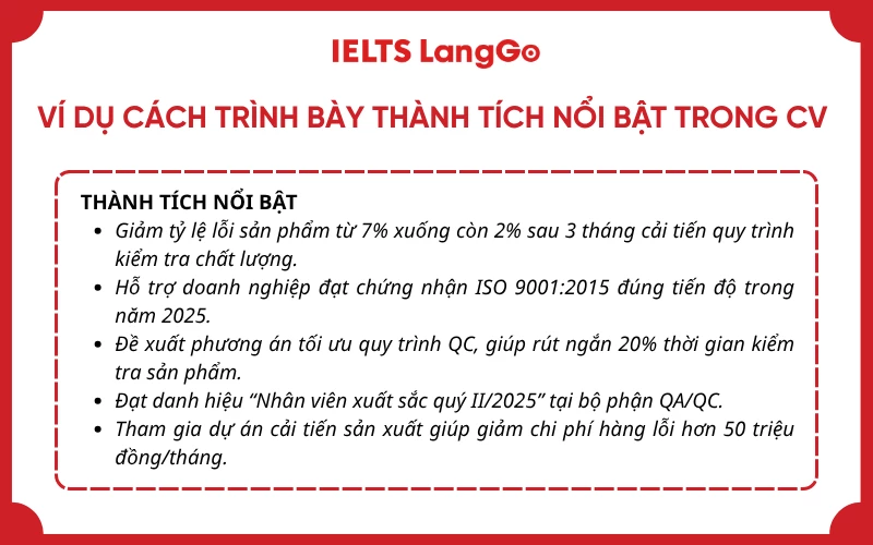 Ví dụ cách trình bày thành tích nổi bật trong CV