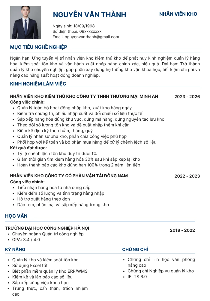 Mẫu CV nhân viên kho cơ bản