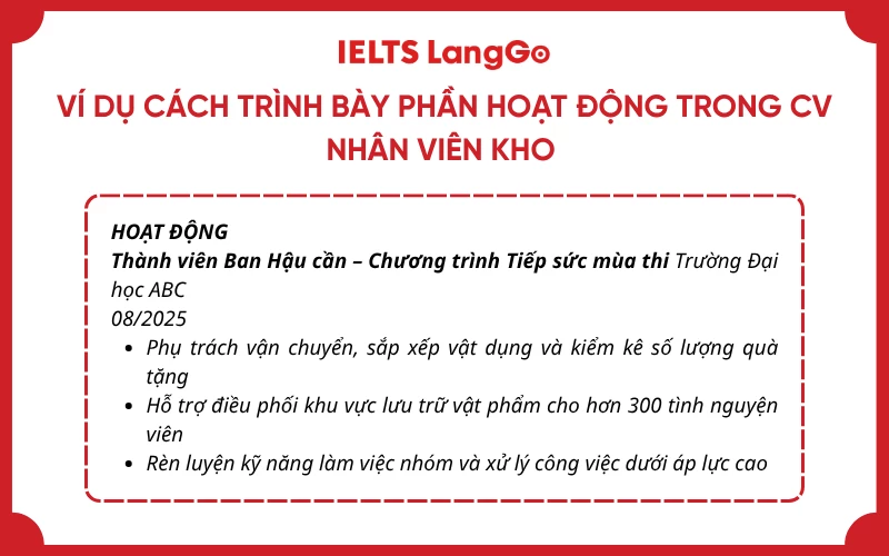 Ví dụ cách trình bày phần Hoạt động trong CV nhân viên kho