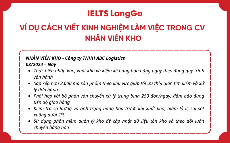 Ví dụ cách trình bày kinh nghiệm làm việc trong CV nhân viên kho