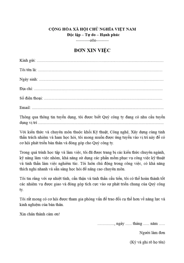 Mẫu đơn xin việc cho khối Kỹ thuật, Công nghệ, Xây dựng