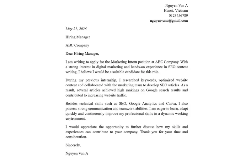 Mẫu cover letter đi kèm CV Harvard