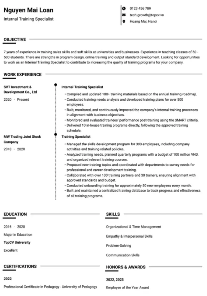 Mẫu CV Harvard tiếng Anh (2)