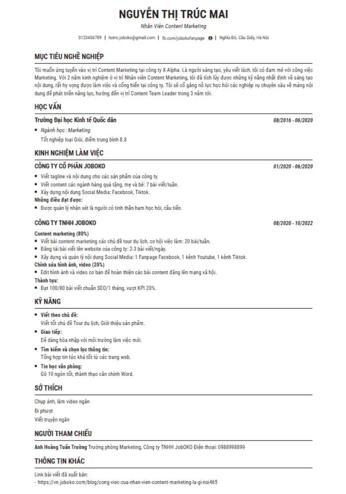 Mẫu CV Harvard tiếng Việt