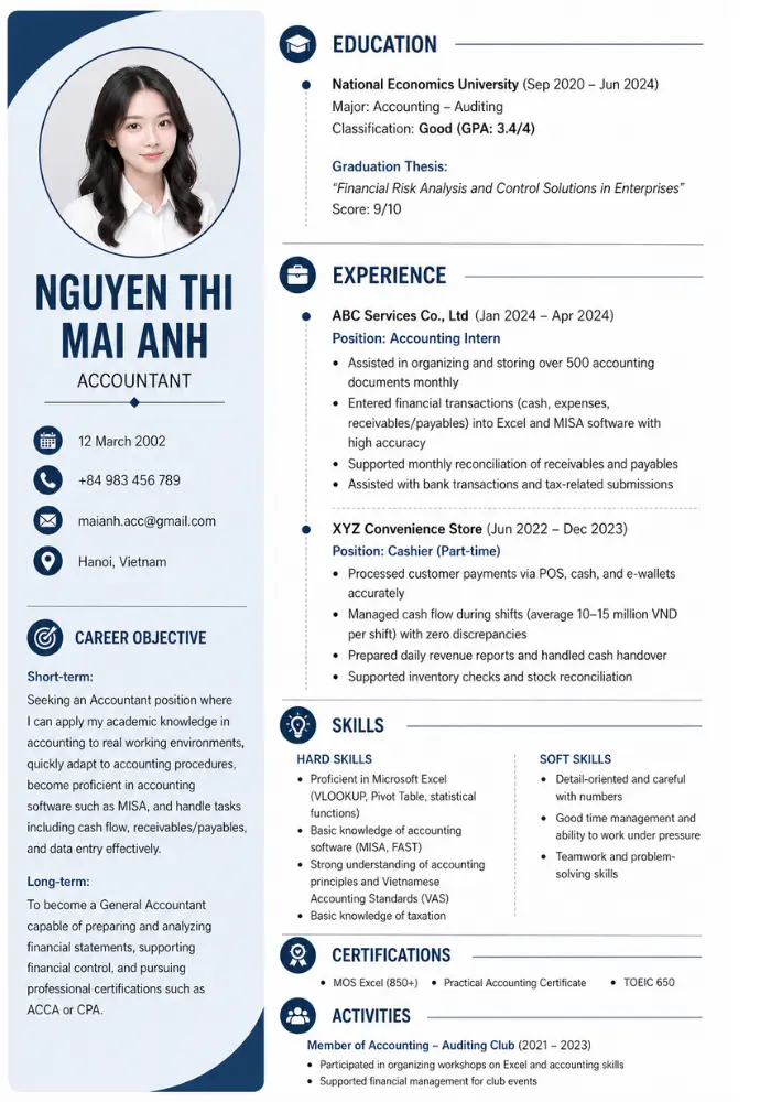 Mẫu CV tiếng Anh ngành Kế toán