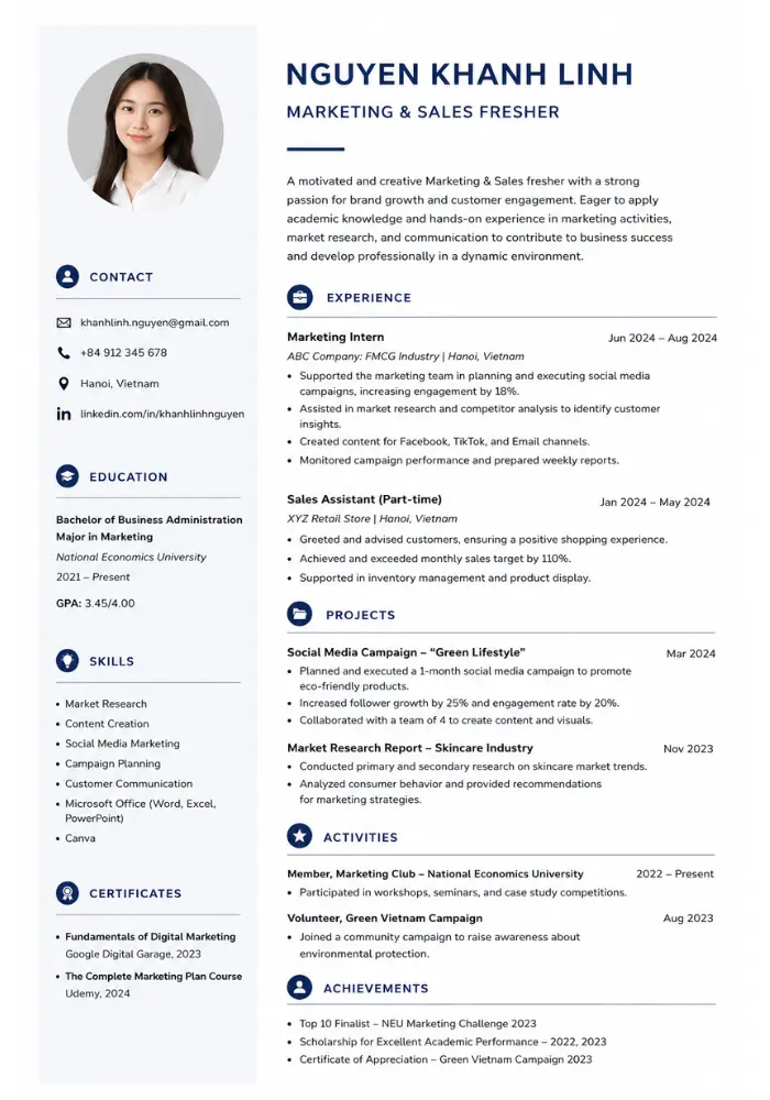 Mẫu CV tiếng Anh ngành Marketing và Sales