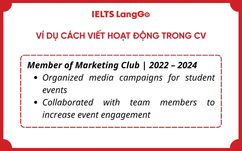 Ví dụ cách viết hoạt động trong CV