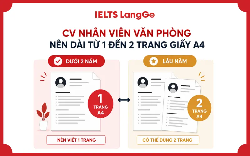 CV nhân viên văn phòng nên dài từ 1 đến 2 trang giấy A4