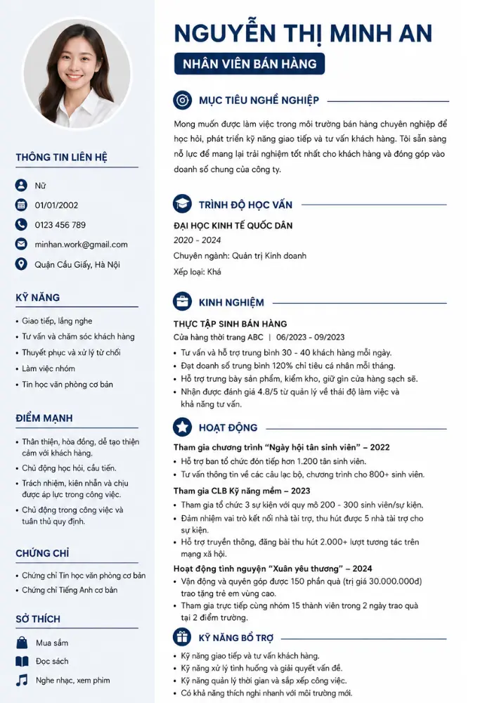 Mẫu CV bán hàng cho người chưa có kinh nghiệm