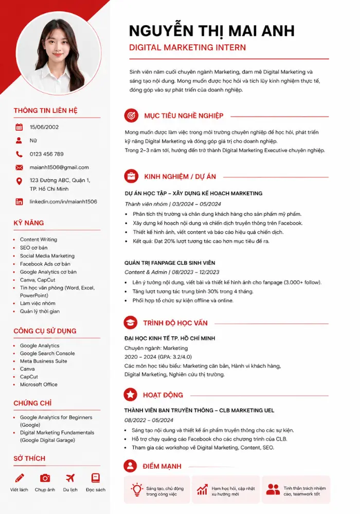 Mẫu CV Digital Marketing cho Intern và Fresher