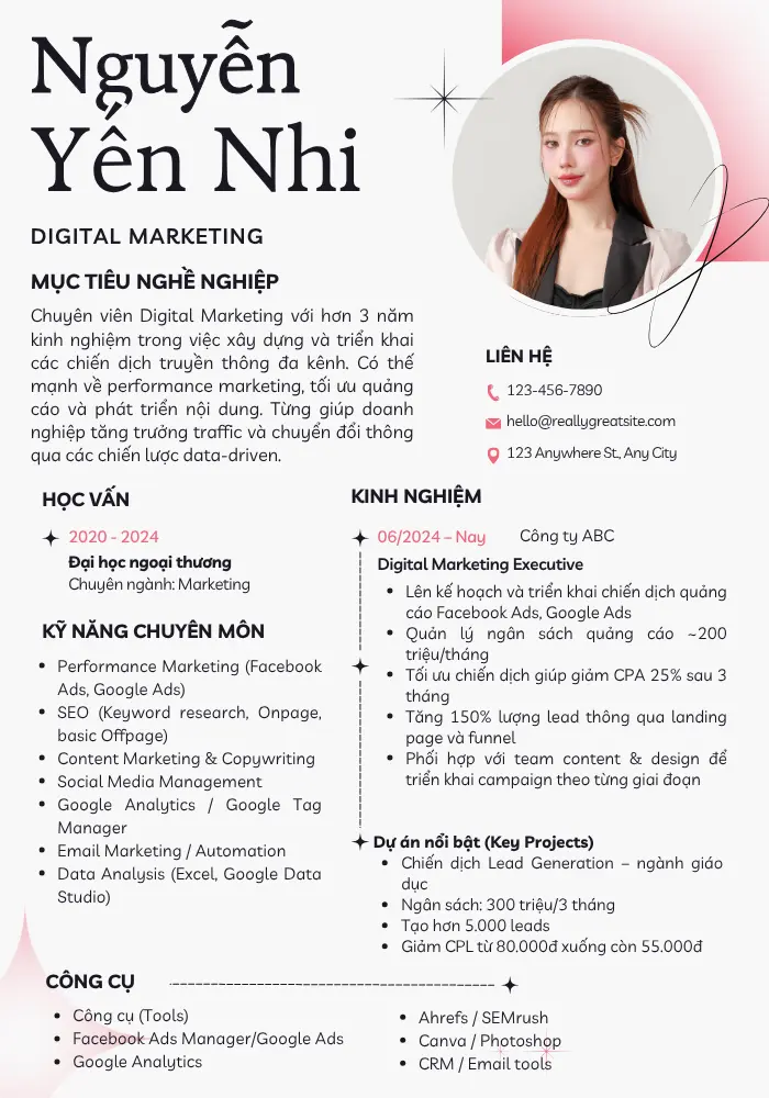 Mẫu CV Digital Marketing cho người đã có kinh nghiệm