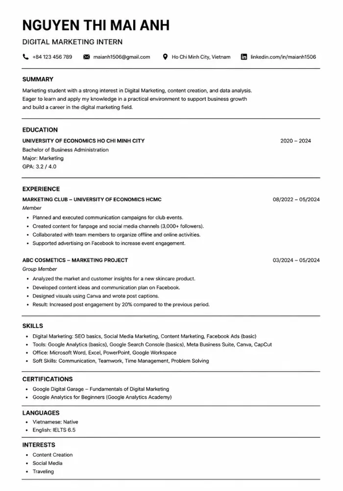 Mẫu CV Digital Marketing tiếng Anh chuẩn Harvard