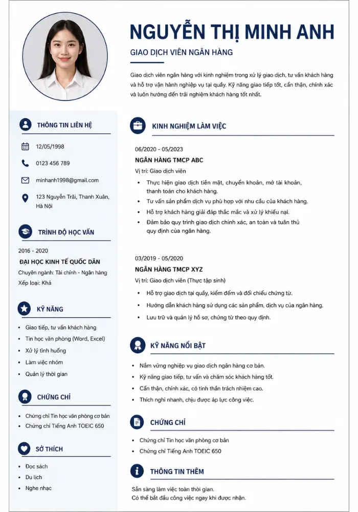 Mẫu CV giao dịch viên ngân hàng