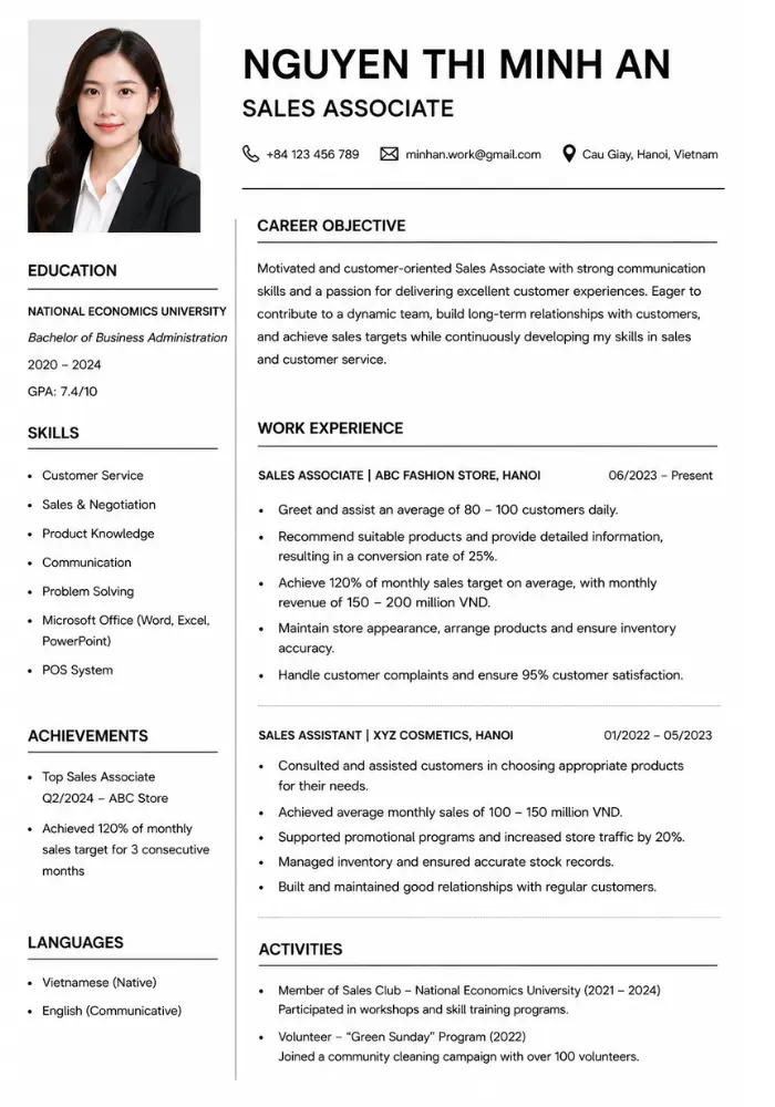 Mẫu CV nhân viên bán hàng bằng tiếng Anh