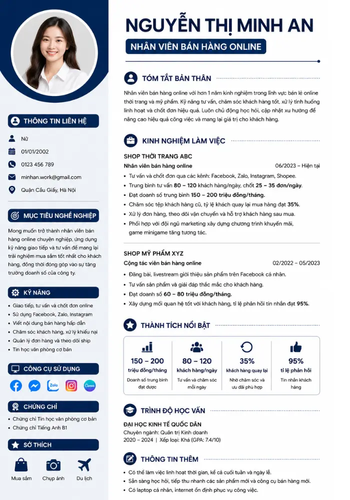 Mẫu CV nhân viên bán hàng online