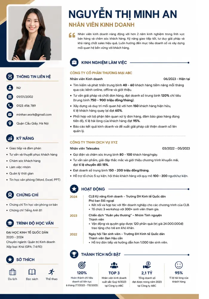 Mẫu CV nhân viên kinh doanh chuyên nghiệp