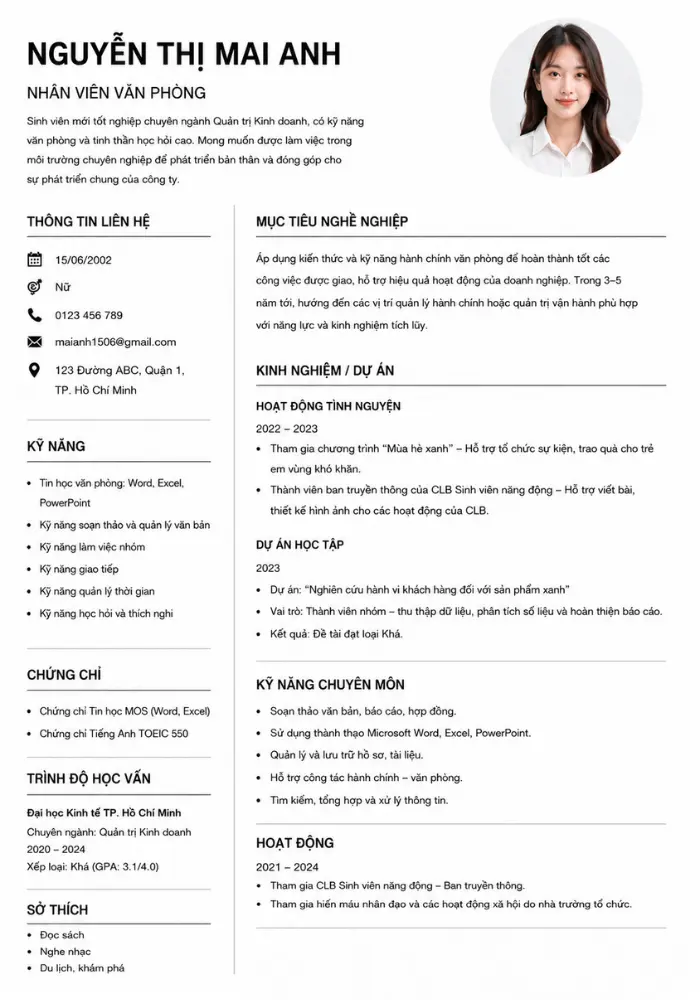 Mẫu CV văn phòng chuẩn ATS