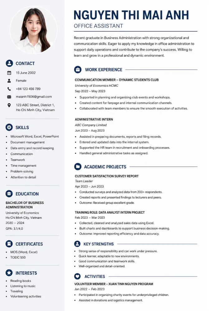 Mẫu CV văn phòng tiếng Anh