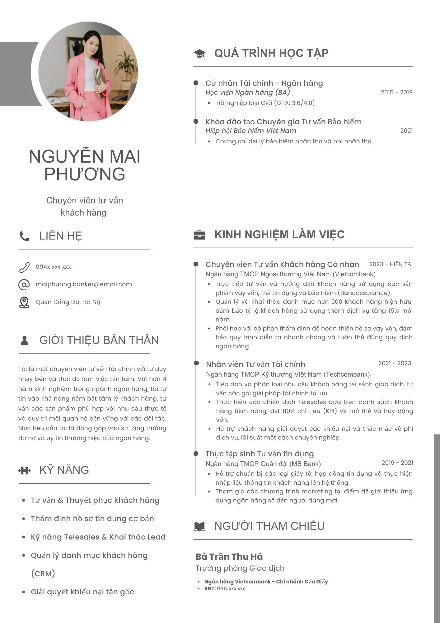 Mẫu CV xin việc ngân hàng cho ứng viên có kinh nghiệm