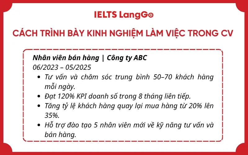 Ví dụ kinh nghiệm làm việc nhân viên bán hàng