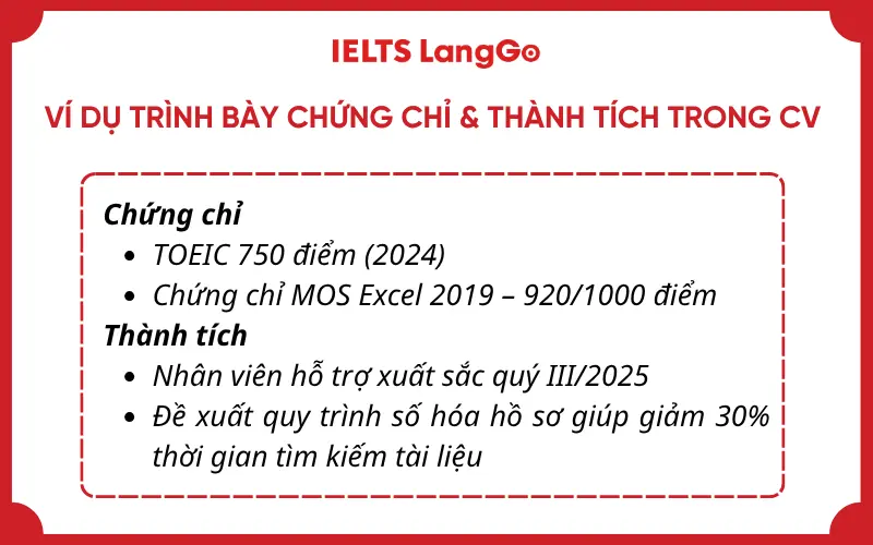 Ví dụ trình bày chứng chỉ và thành tích