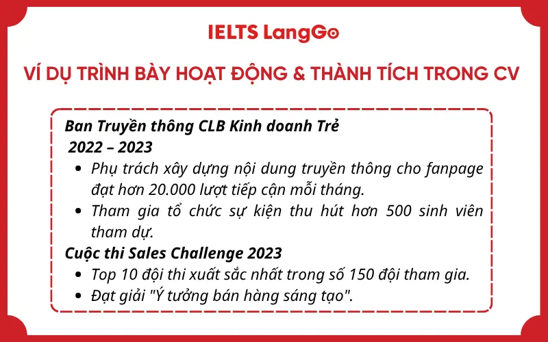 Ví dụ trình bày hoạt động và thành tích trong CV